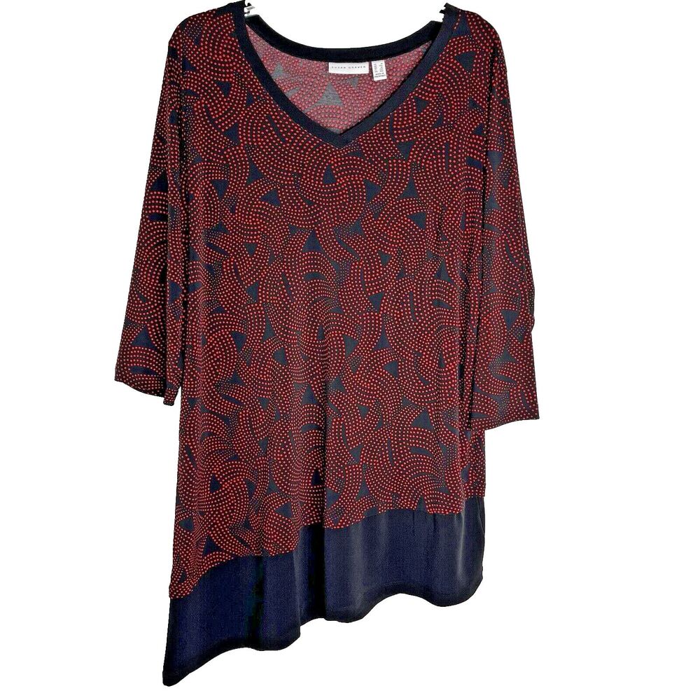 Susan Graver Top 1X Printed Red Liquid Knit Tunic Top Asymmetrical geometric